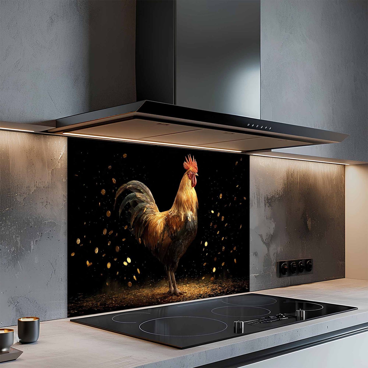 Modern kitchen with a rooster design glass splashback behind a stove.