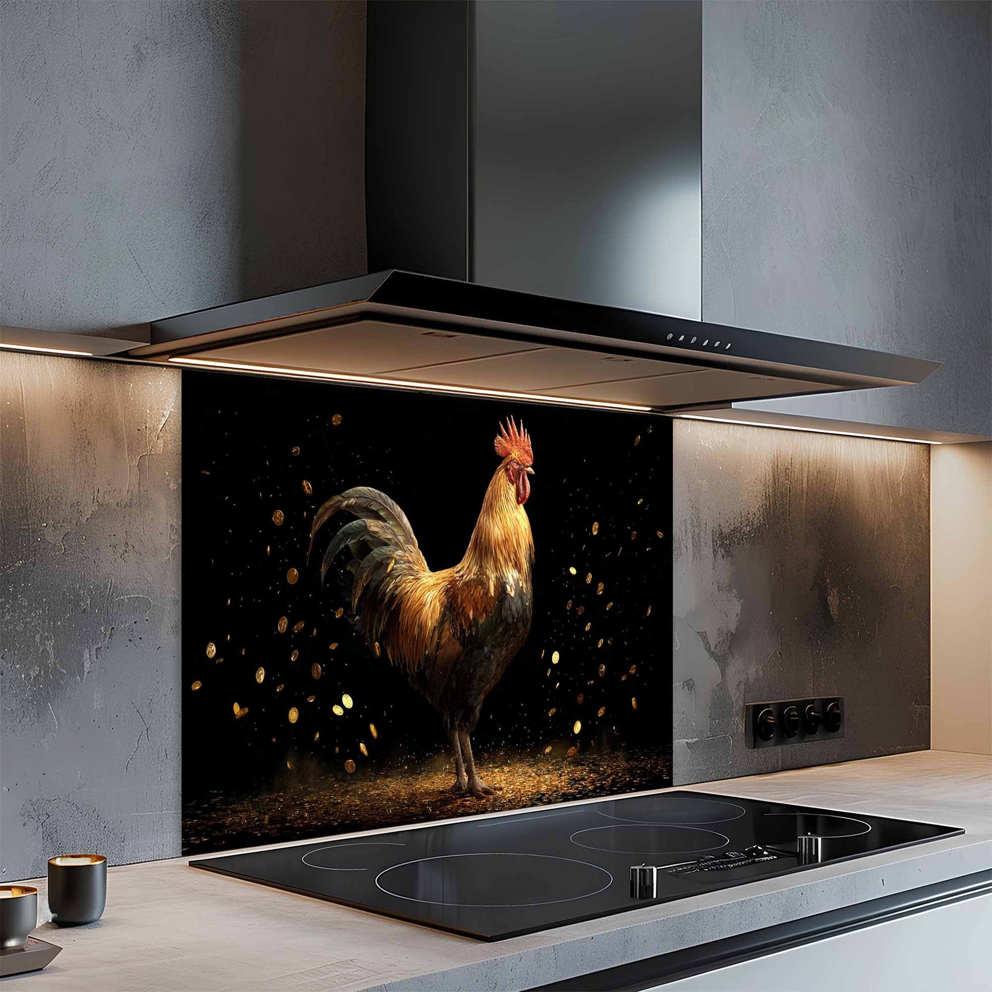 Modern kitchen with a rooster design glass splashback behind a stove.