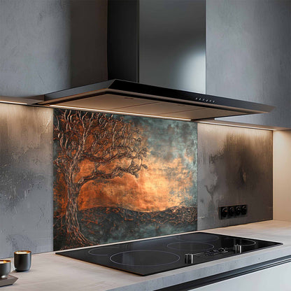 Modern kitchen with a decorative glass splashback and built-in cooktop.
