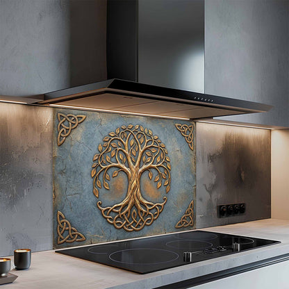 Decorative backsplash with tree of life design in a modern kitchen.