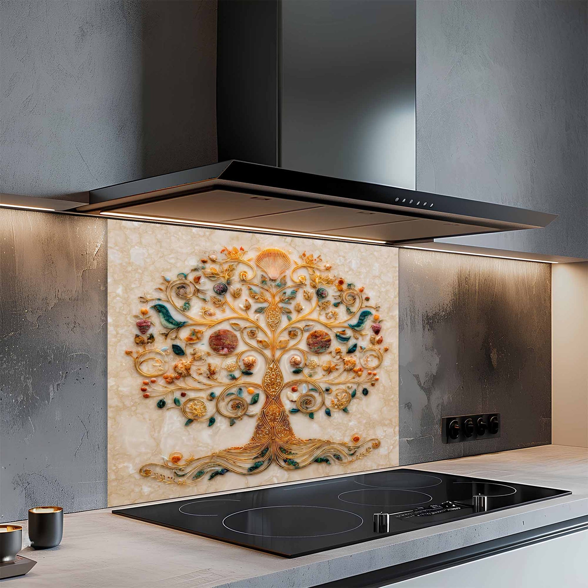 Decorative kitchen backsplash with a tree design above an electric stove.