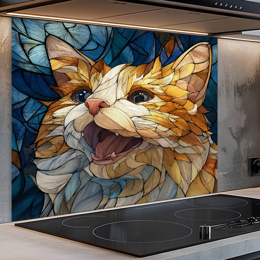 Tempered glass backsplash with mosaic look cat design