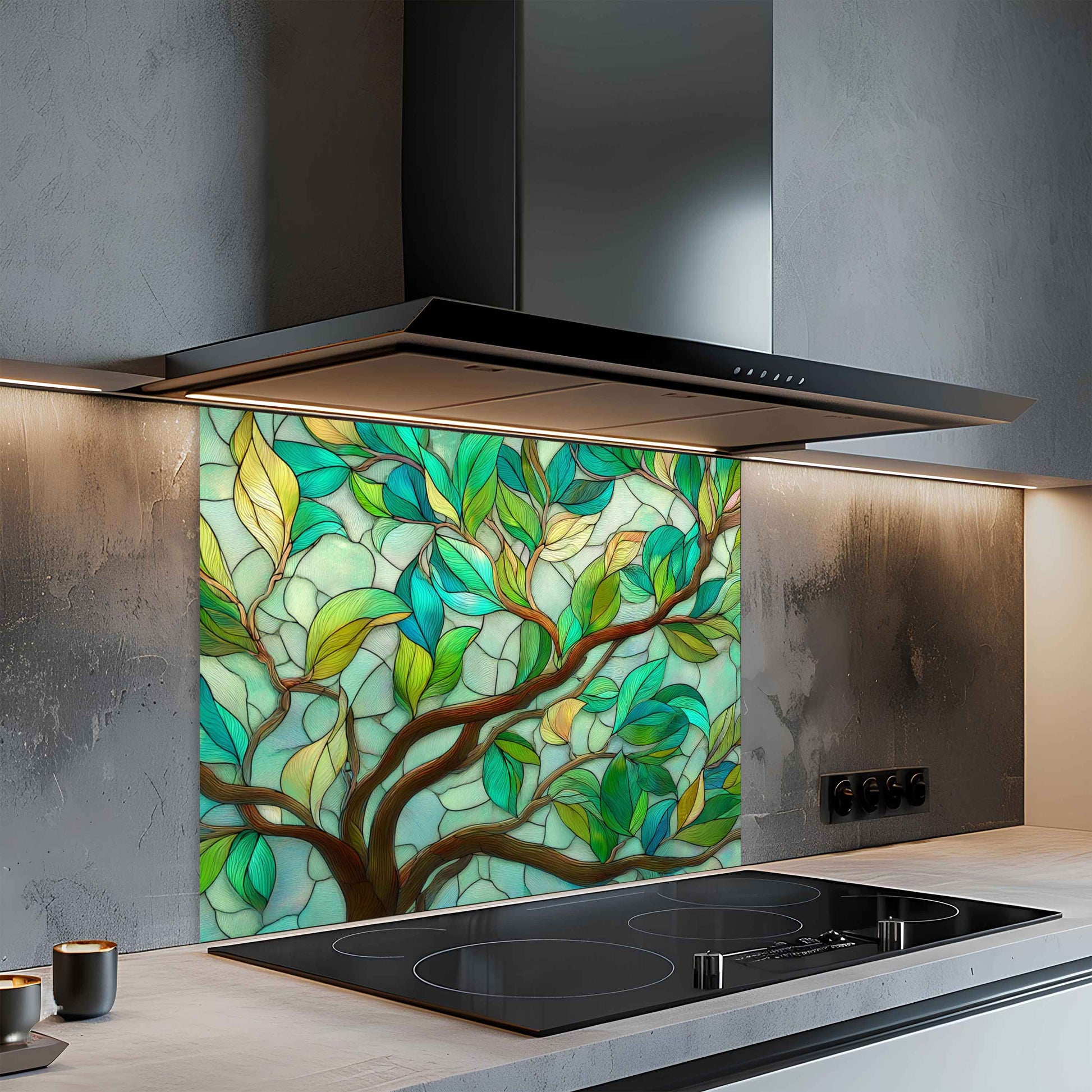 Modern kitchen with a decorative glass splashback featuring a tree design.