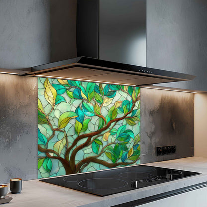 Modern kitchen with a decorative glass splashback featuring a tree design.