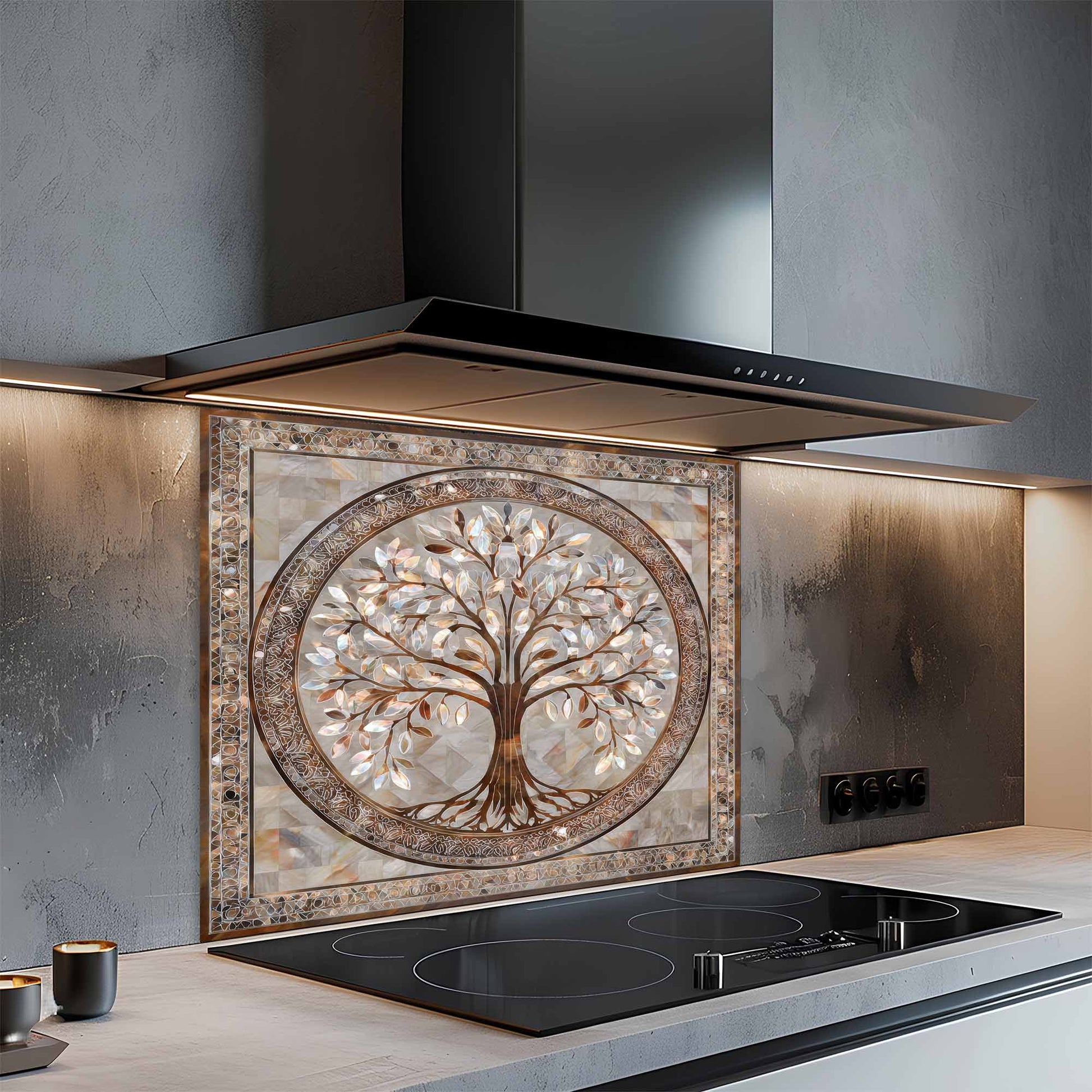 Modern kitchen with decorative glass backsplash above a stove