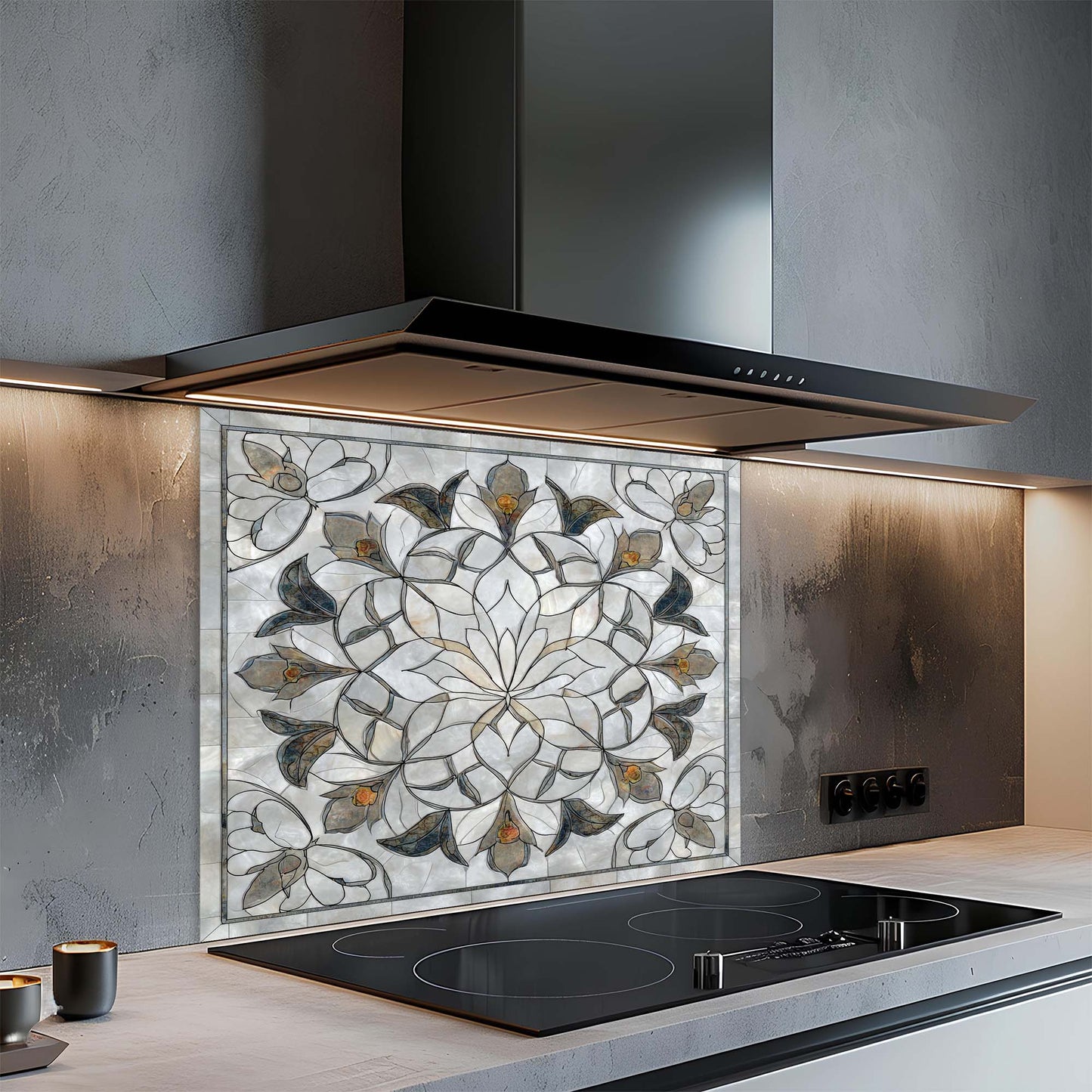 Modern kitchen with a decorative backsplash and induction cooktop.
