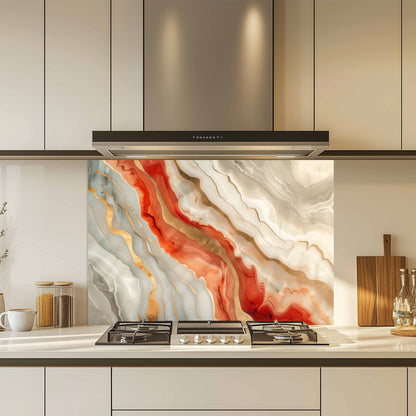 Modern kitchen with a colorful marble-patterned backsplash