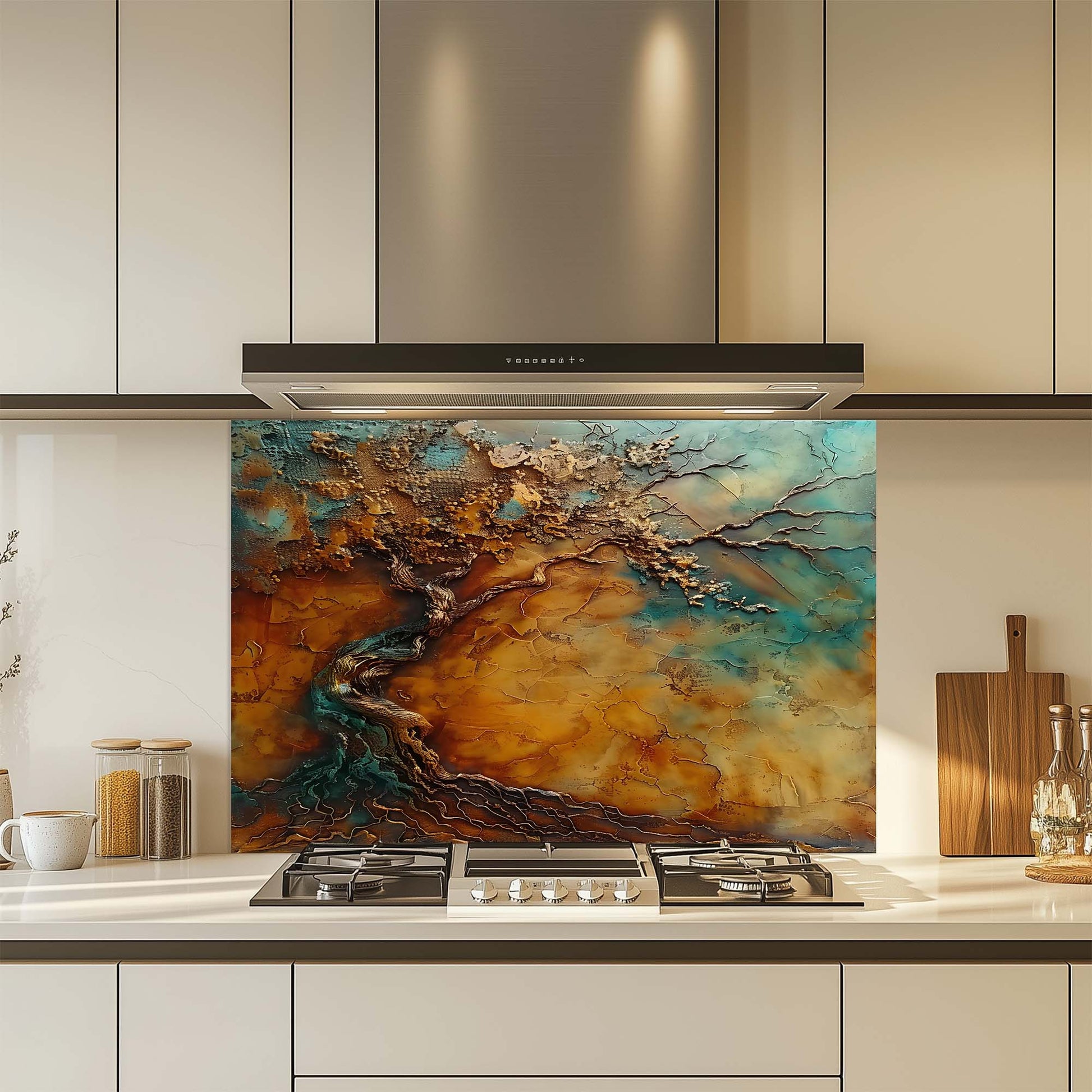 Kitchen with a decorative glass splashback featuring a tree design.
