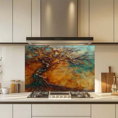 Kitchen with a decorative glass splashback featuring a tree design.