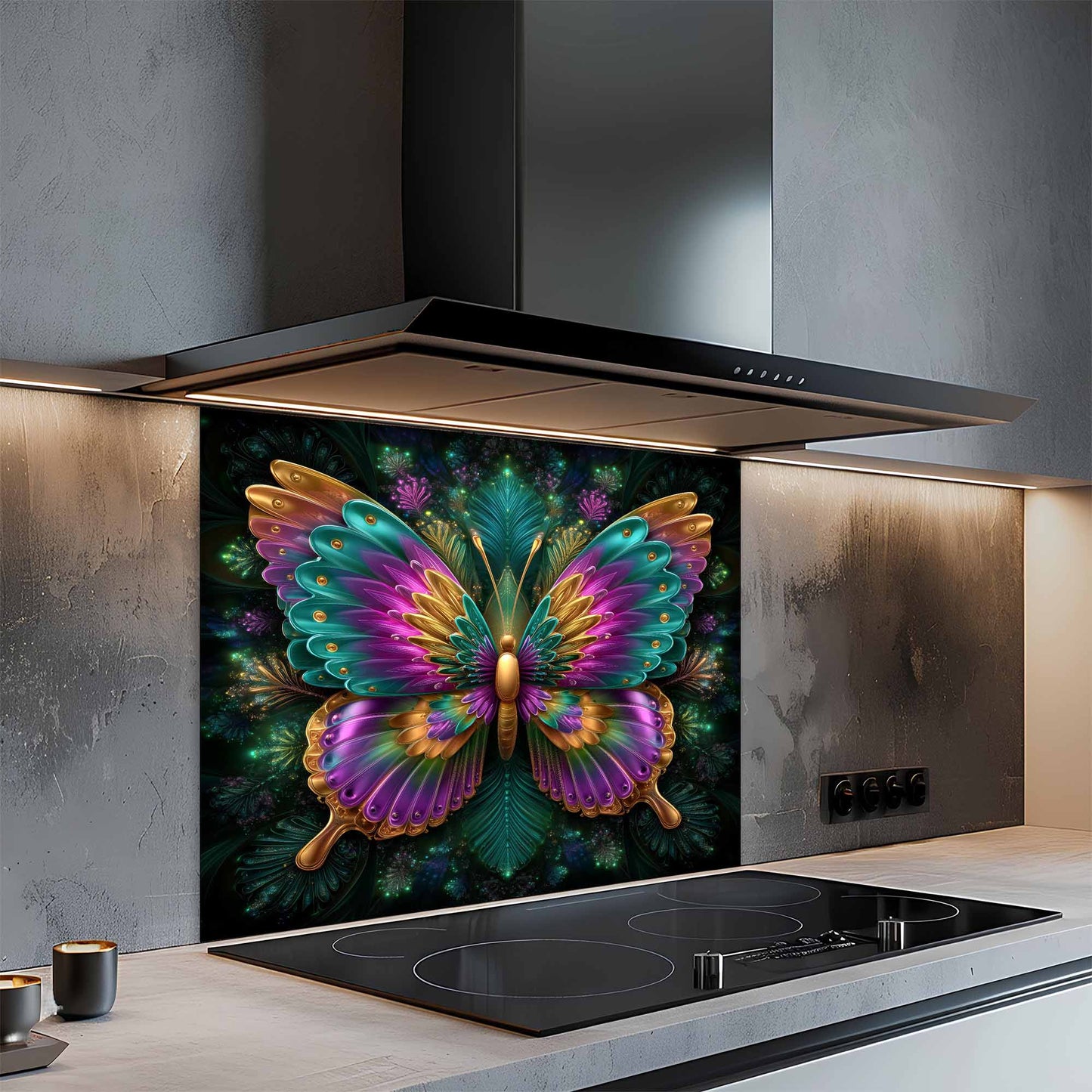 Kitchen with a decorative butterfly glass backsplash above a stove.
