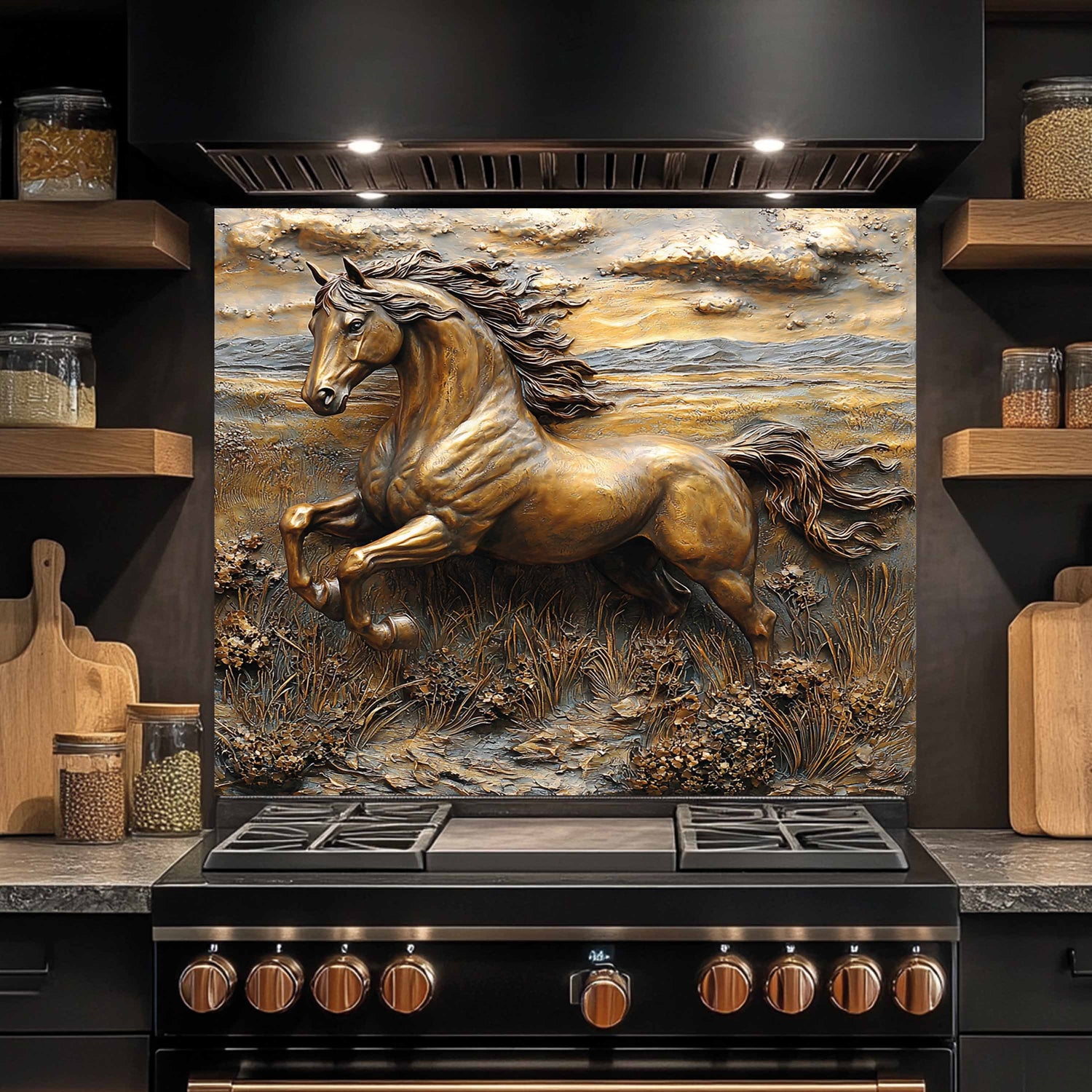 Decorative backsplash with a horse design above a stove in a kitchen.
