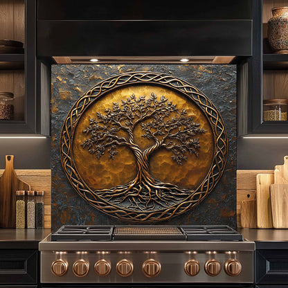 Decorative glass backsplash with a tree design above a stove in a kitchen setting.