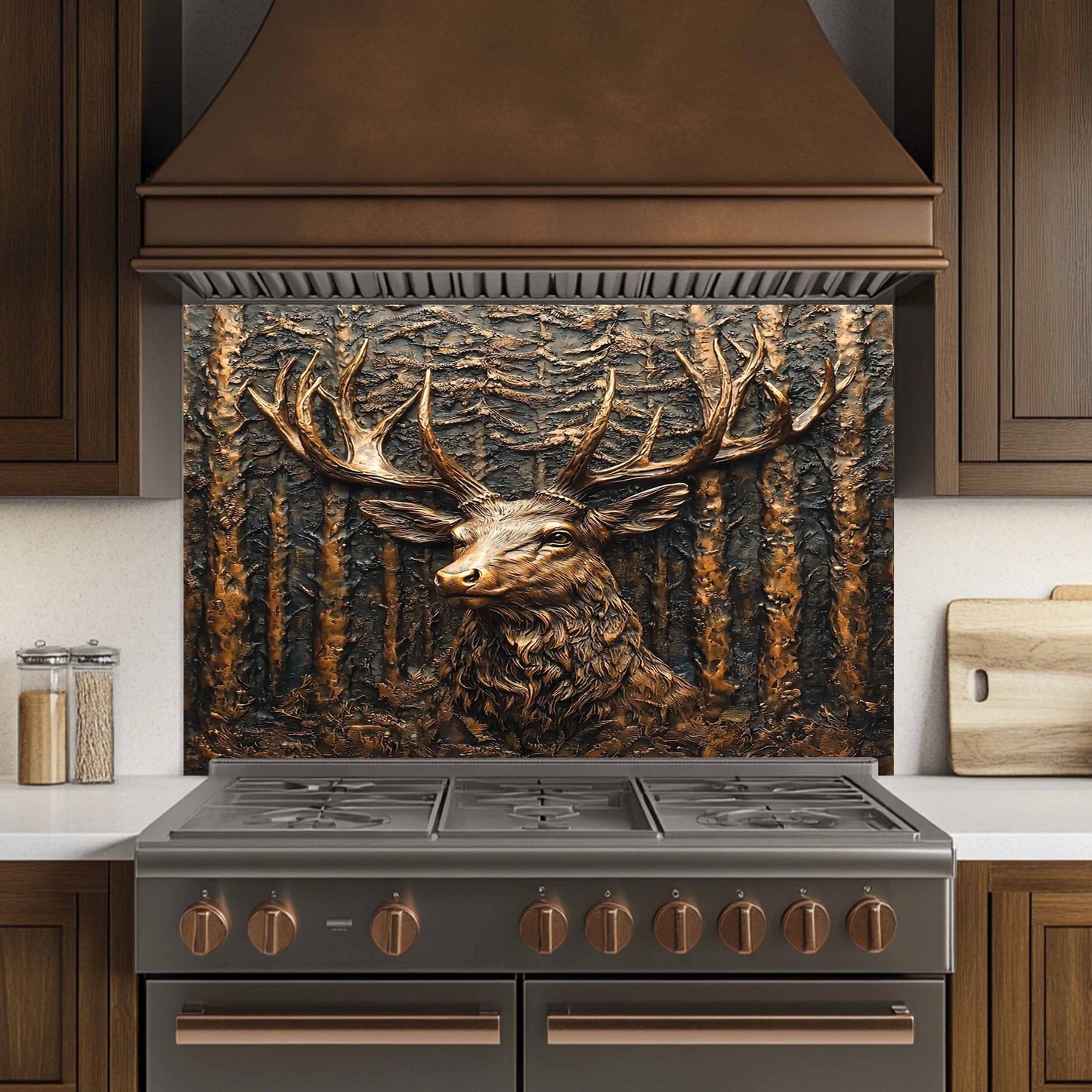 Stainless steel stove with decorative deer head backsplash in a kitchen setting