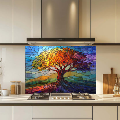 Colorful stained glass-style tree design on a kitchen backsplash.