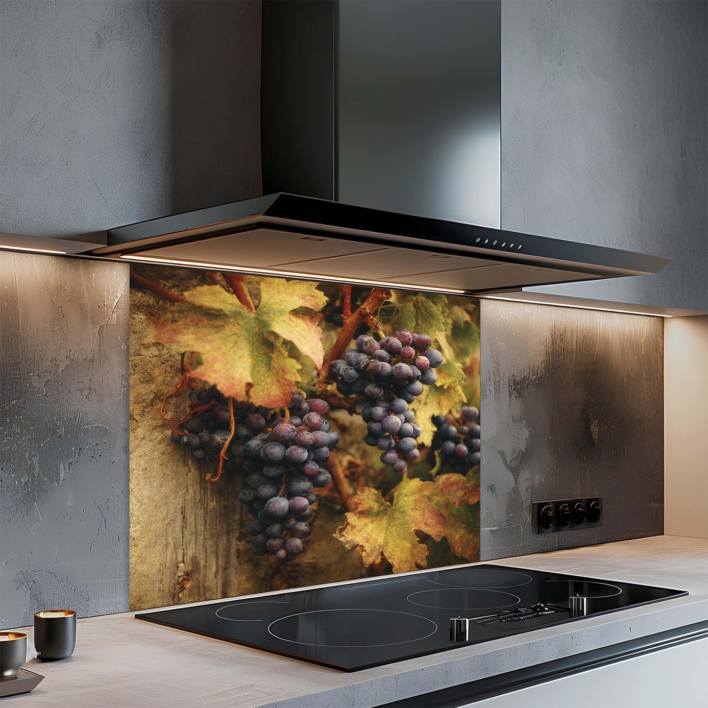 Modern kitchen with a glass splashback featuring grapes and leaves.
