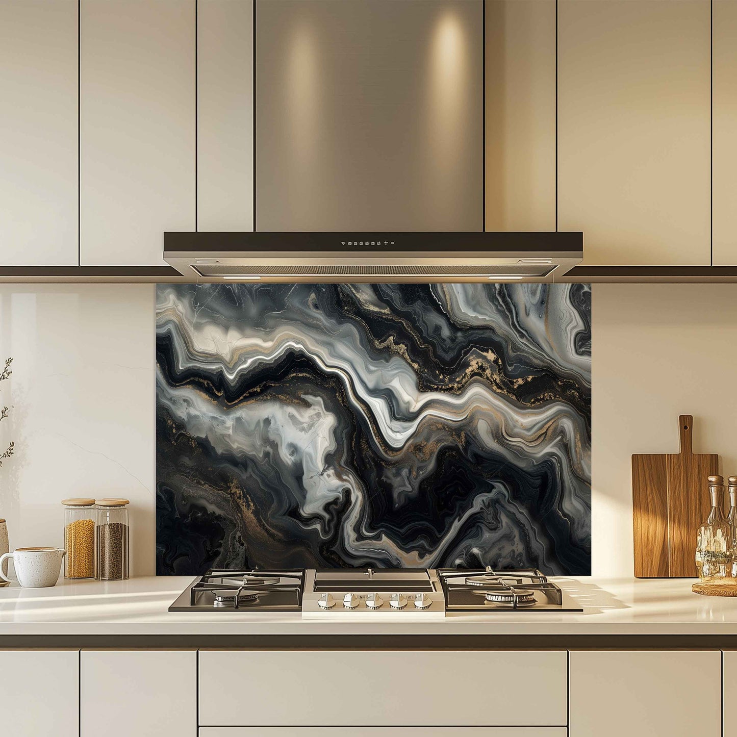 Modern kitchen with a decorative splashback panel featuring black and gray abstract design.