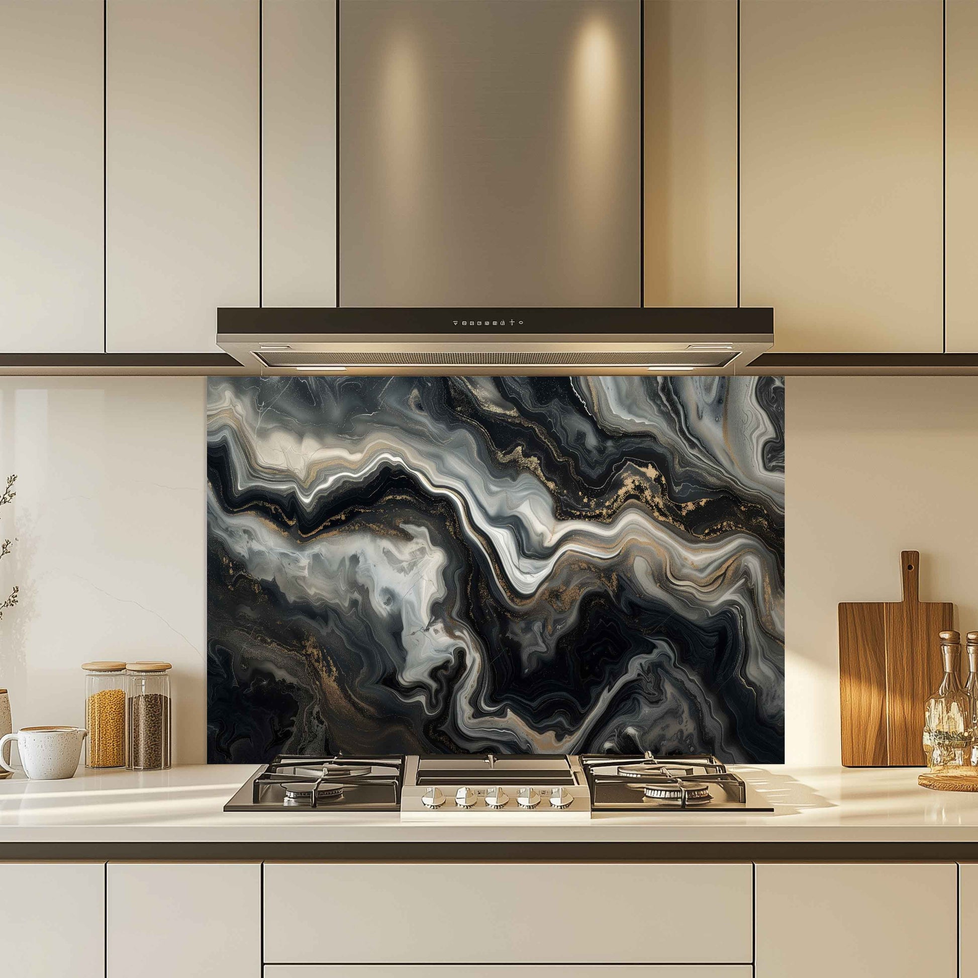 Modern kitchen with a decorative splashback panel featuring black and gray abstract design.