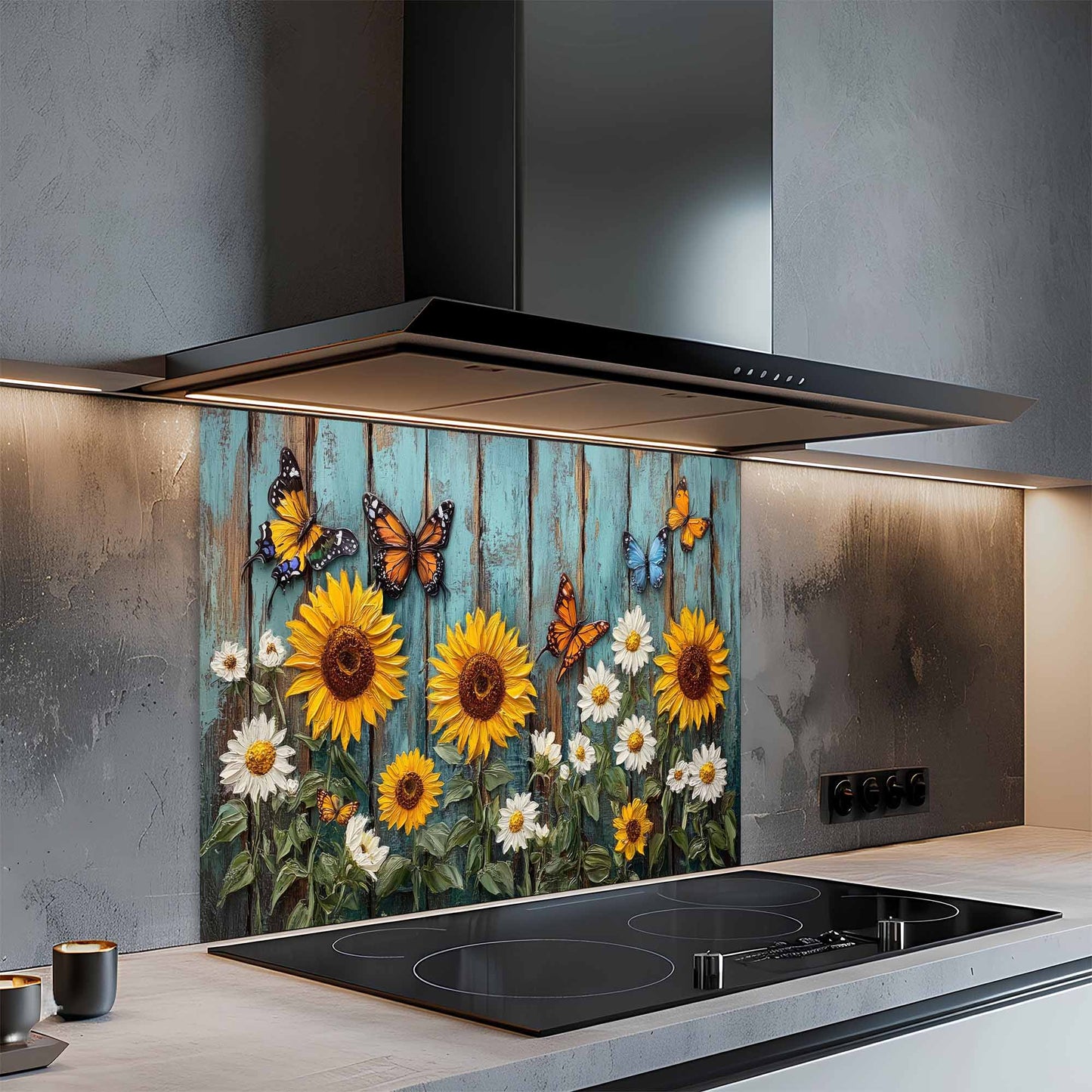 Kitchen with a decorative glass backsplash featuring sunflowers and butterflies.