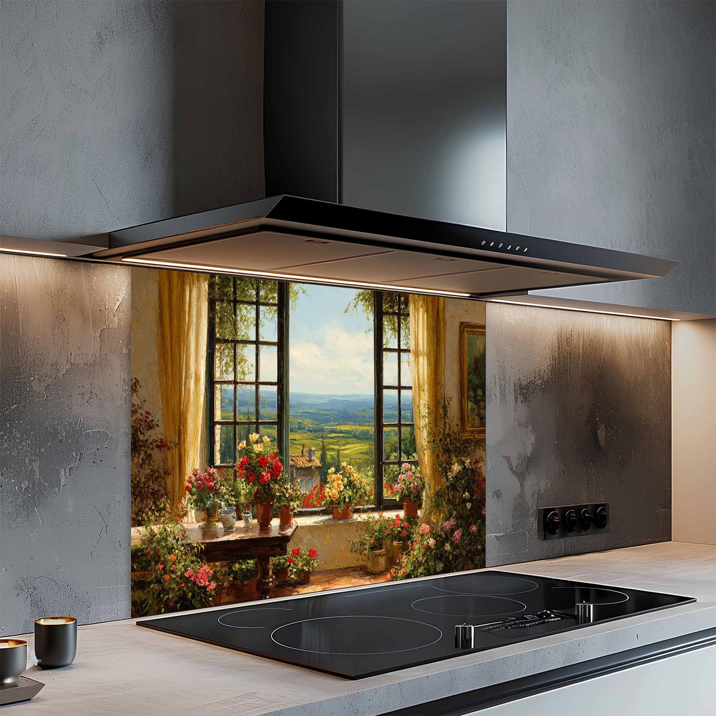 Modern kitchen with a glass backsplash featuring a scenic painting of a garden.
