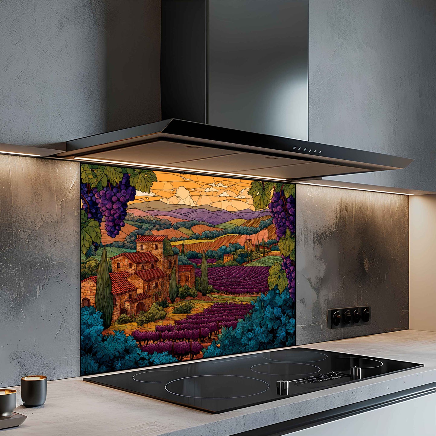 Modern kitchen with a decorative glass splashback featuring a vineyard scene.
