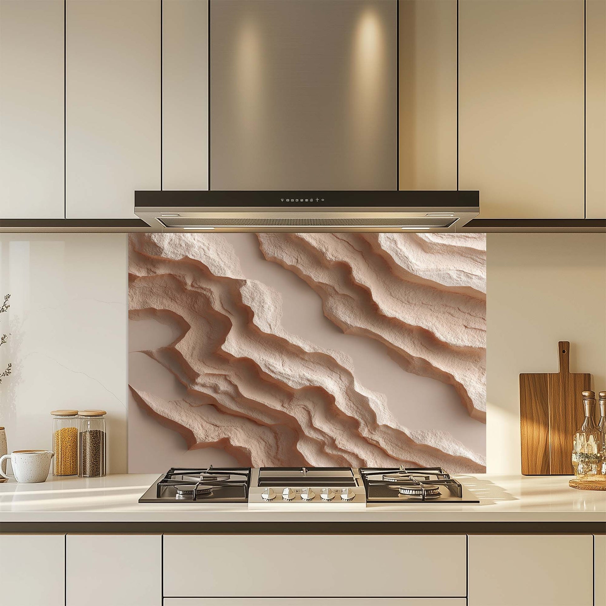 Modern kitchen with a decorative glass backsplash featuring wavy stone pattern.