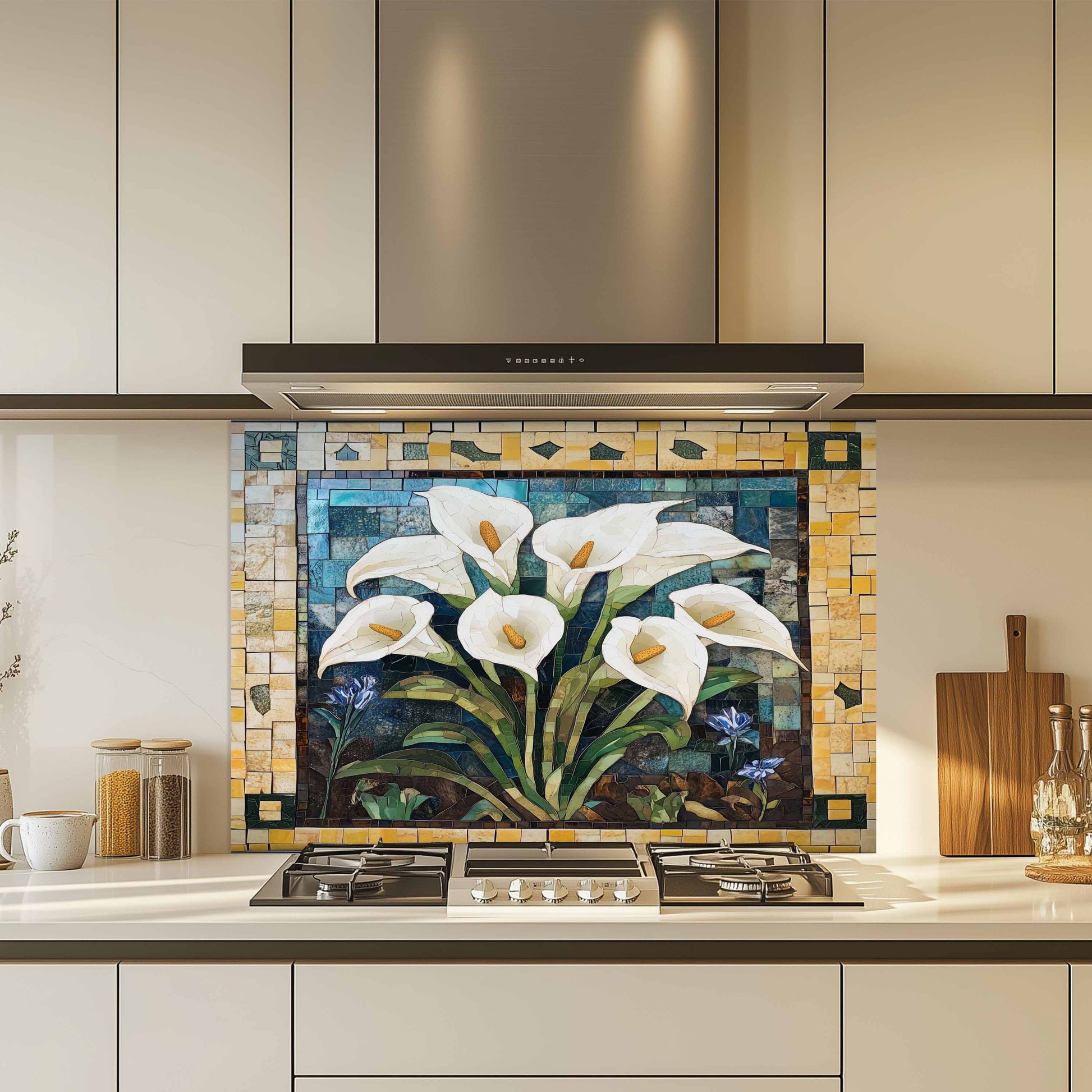 Kitchen with a decorative tile backsplash featuring white flowers
