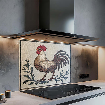 Kitchen stove with decorative rooster glass backsplash