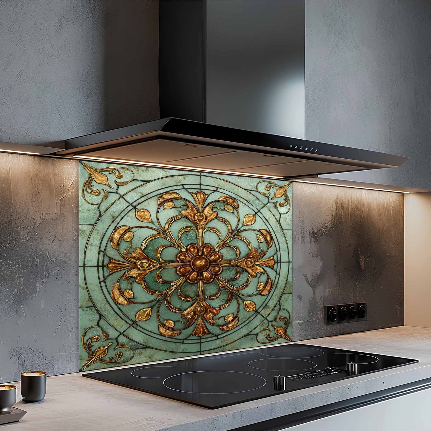 Decorative glass backsplash with intricate design in a modern kitchen.