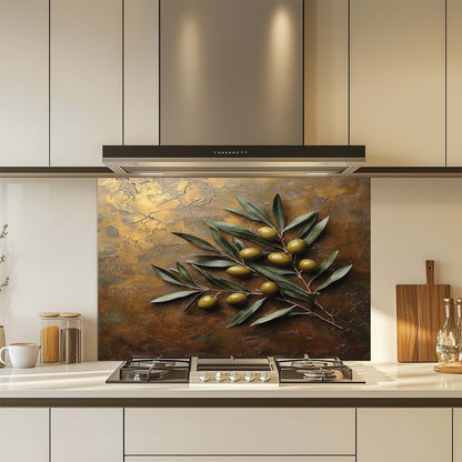 Kitchen with decorative glass backsplash featuring olive leaves and a metallic design.