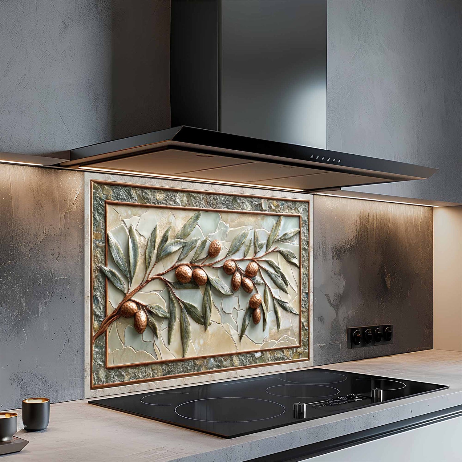 Decorative glass backsplash with olive branch design above a stove in a modern kitchen.