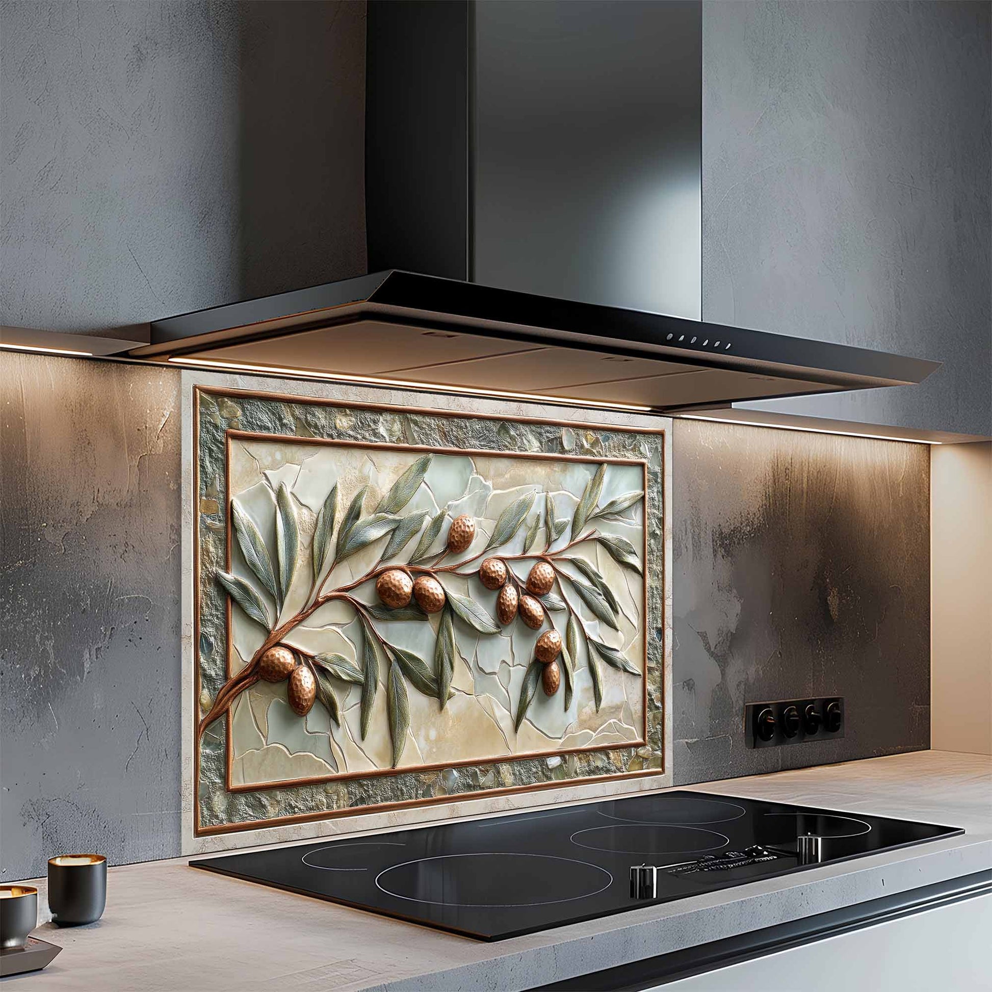 Decorative glass backsplash with olive branch design above a stove in a modern kitchen.