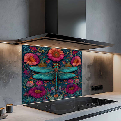 Kitchen stove with a colorful dragonfly and floral design on the glass splashback.