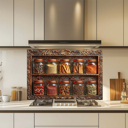 Decorative glass backsplash with jars of spices in a modern kitchen