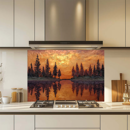 Kitchen with a decorative glass splashback featuring a sunset over trees design.