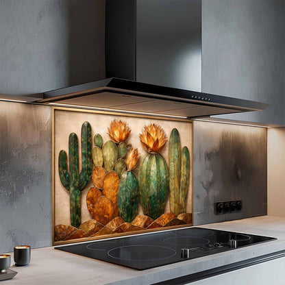 Modern kitchen with a decorative glass backsplash featuring cacti.