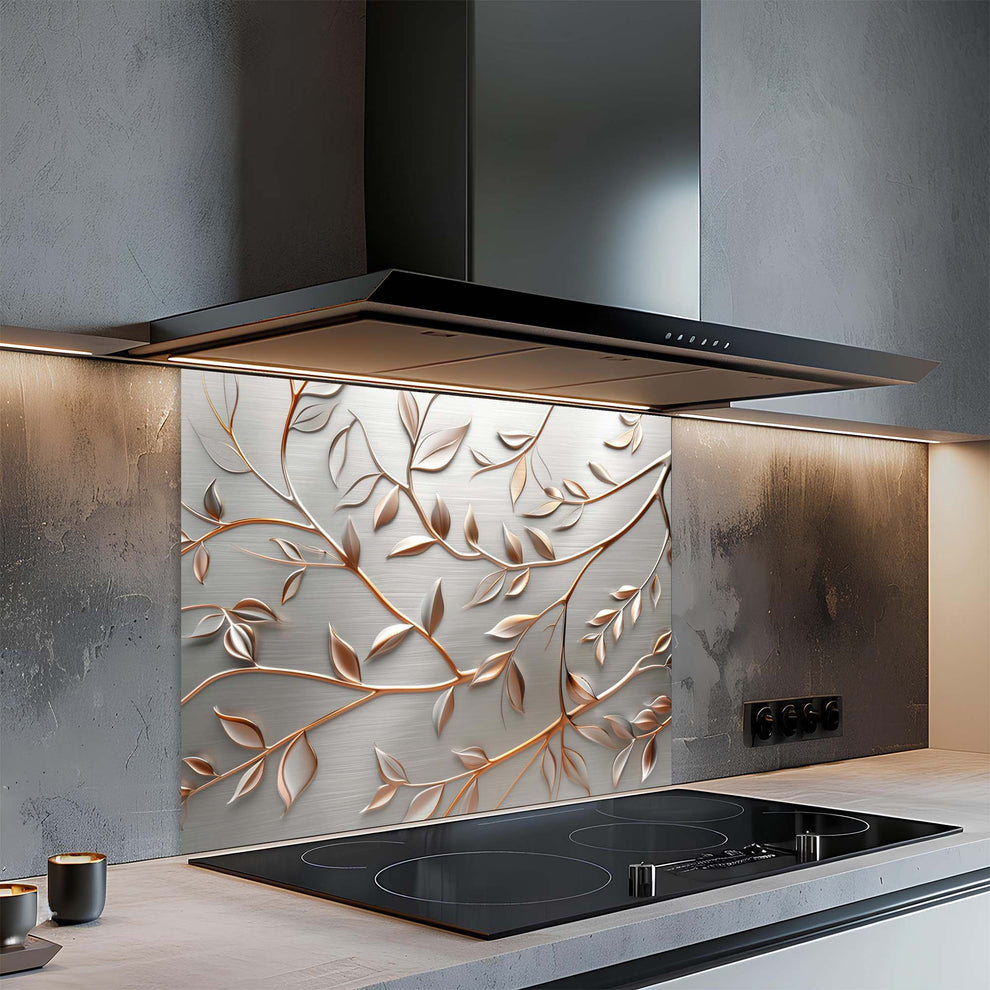 Golden Vine Glass Backsplash – Floral Botanical Kitchen Splashback ...