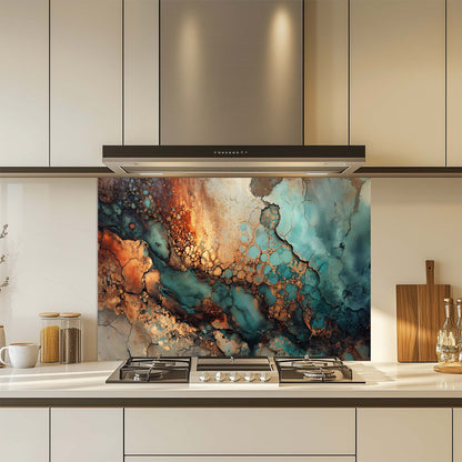 Kitchen with a colorful abstract design glass backsplash above a stove.