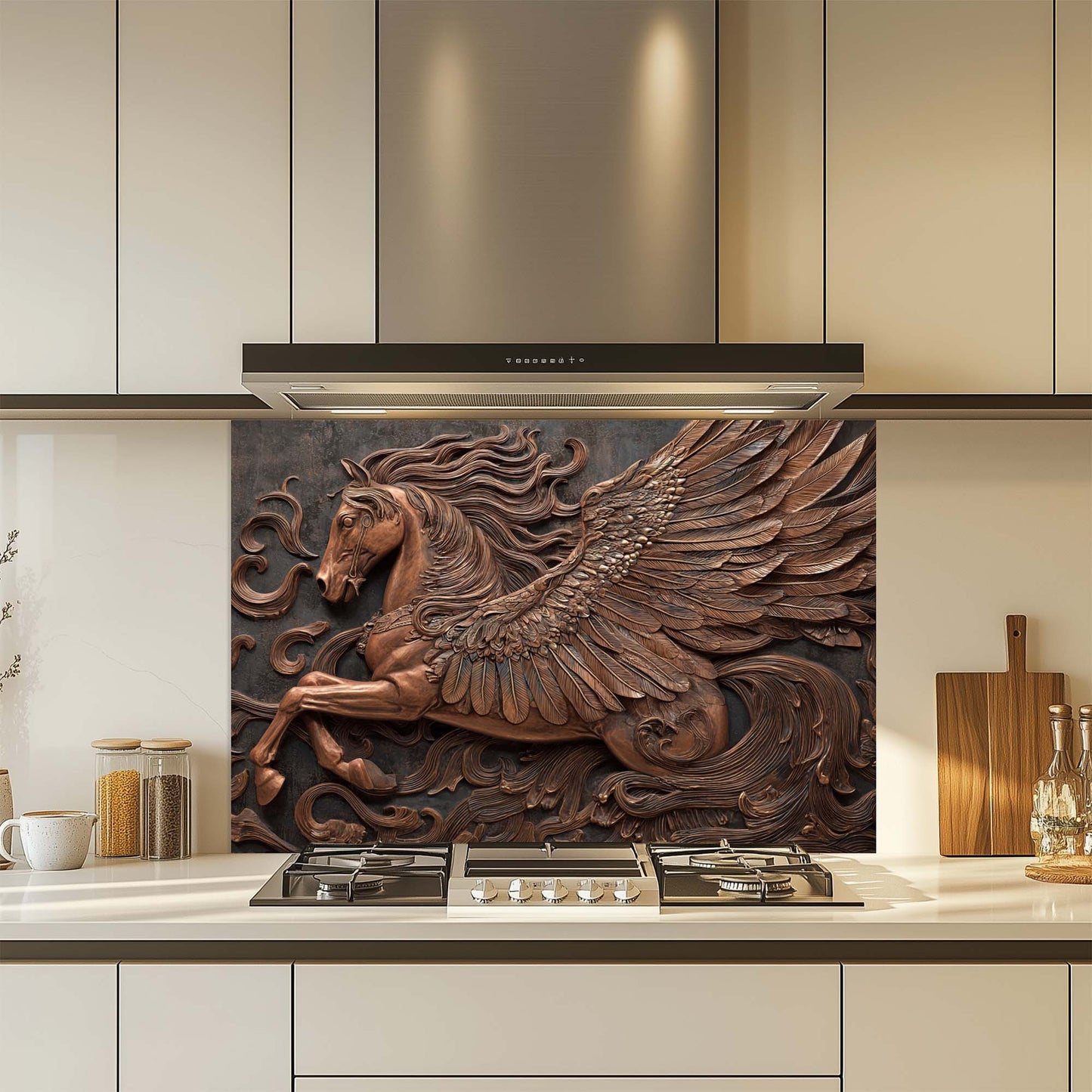 Kitchen with a decorative glass backsplash featuring a winged horse design above a stove.