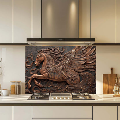 Kitchen with a decorative glass backsplash featuring a winged horse design above a stove.
