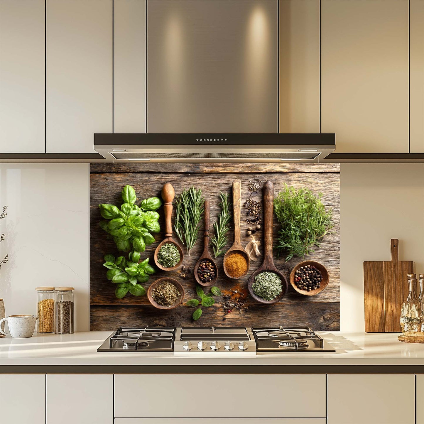 Kitchen with a decorative glass backsplash featuring wooden spoons and herbs.