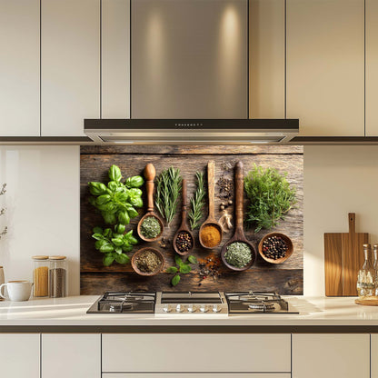 Kitchen with a decorative glass backsplash featuring wooden spoons and herbs.