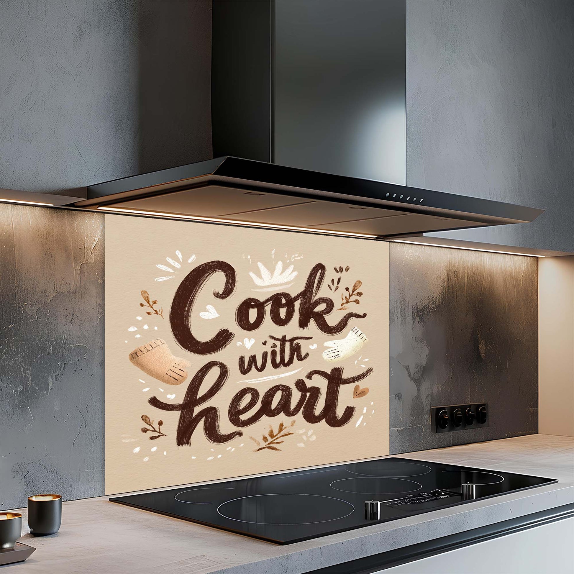 Kitchen stove with decorative glass splashback featuring 'Cook with heart' text