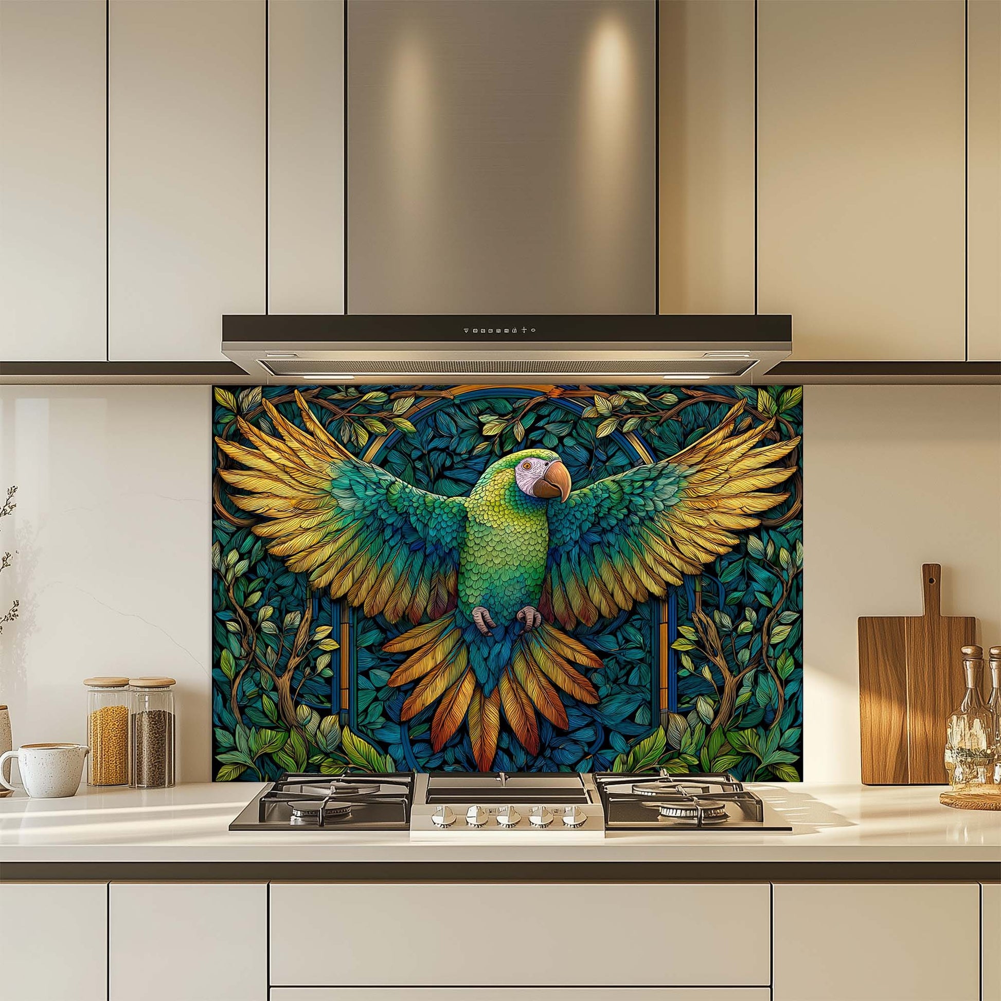 Kitchen with a colorful parrot design on a glass backsplash