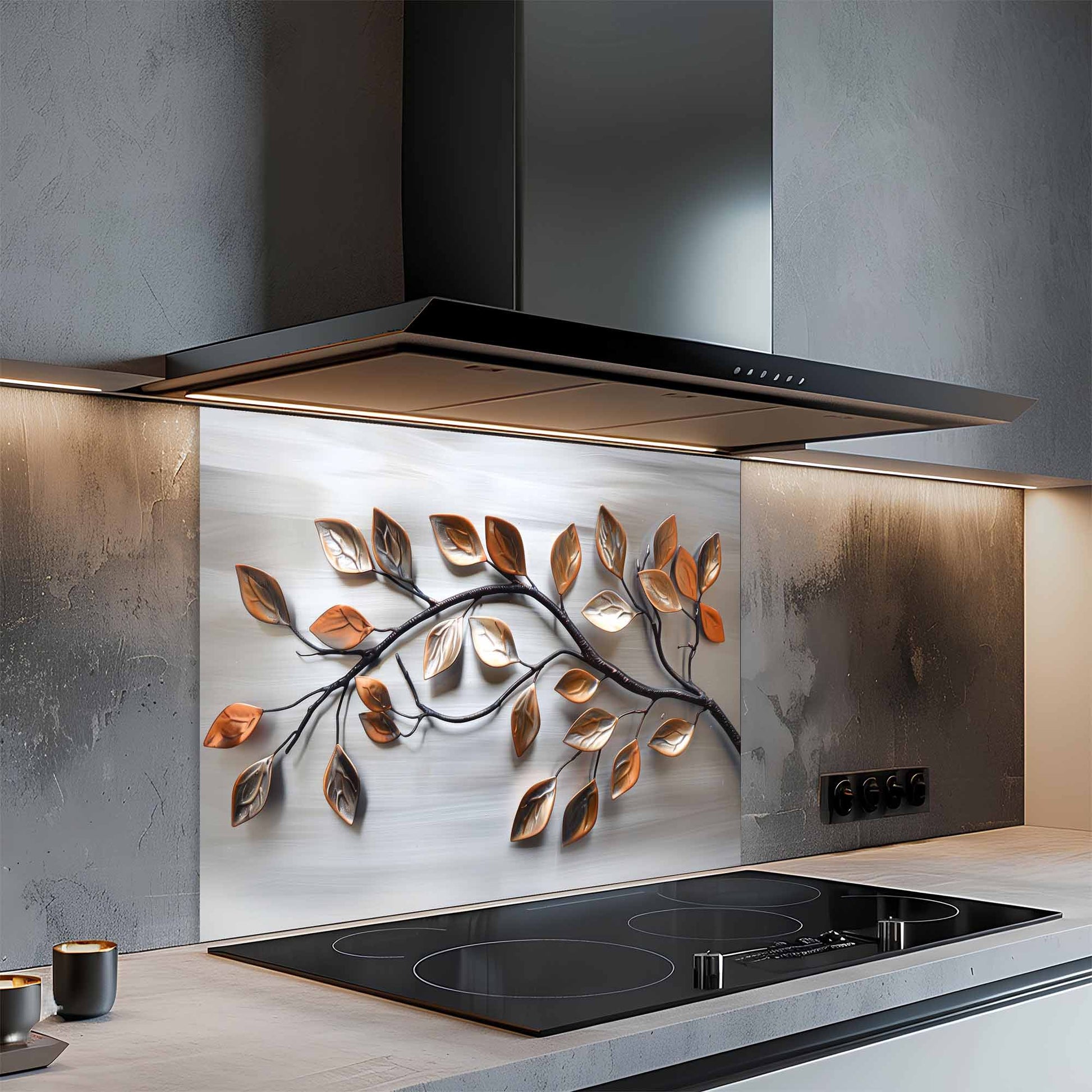 Modern kitchen with a decorative glass splashback featuring leaf patterns.