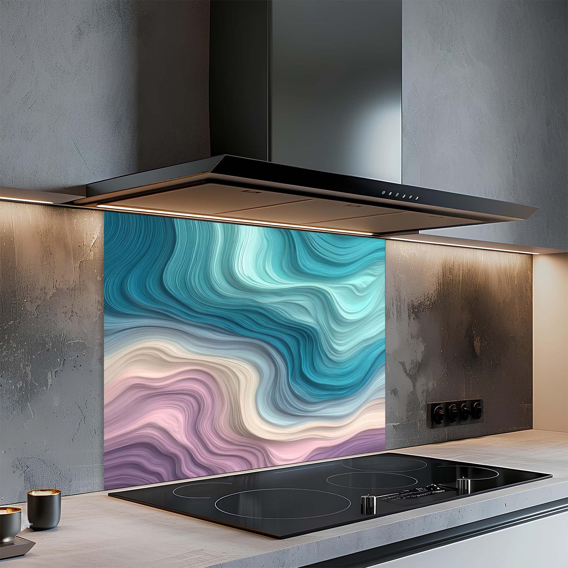 Modern kitchen with a glass splashback featuring wavy blue and purple design.