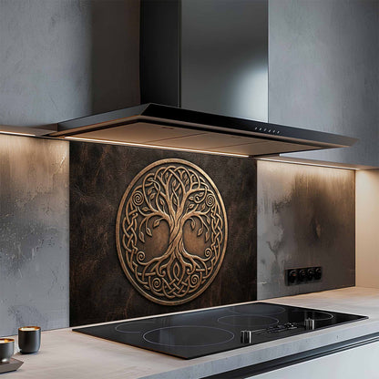 Modern kitchen with a decorative glass backsplash featuring a tree of life design.