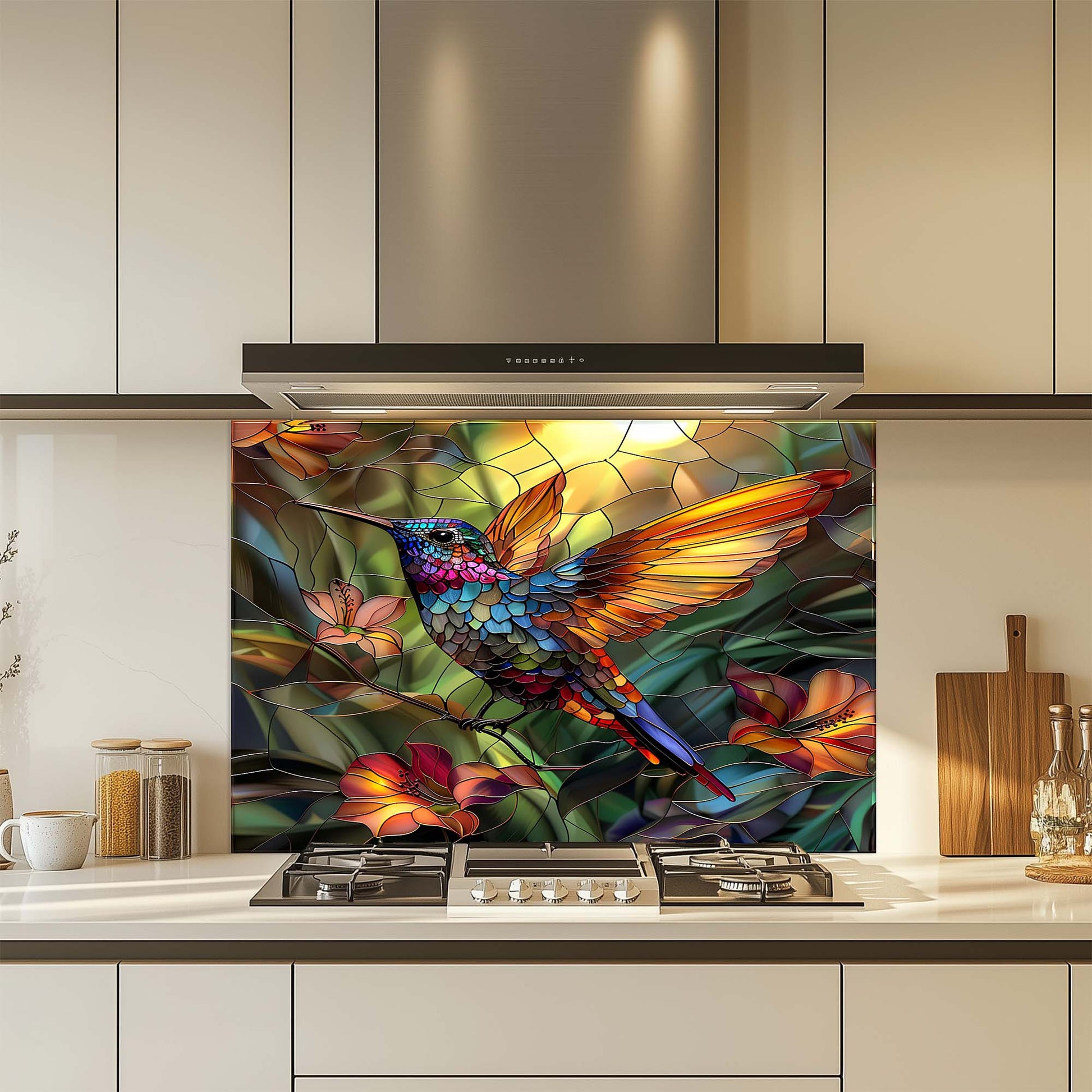 Colorful stained glass-style hummingbird design on a kitchen backsplash.