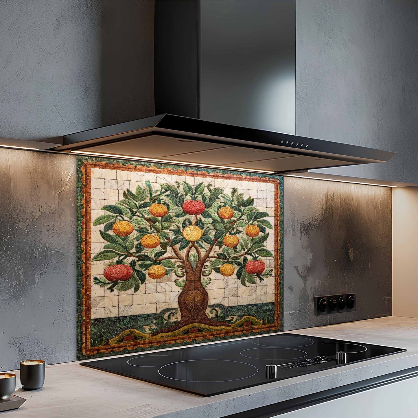 Kitchen with a decorative glass backsplash featuring an apple tree design.