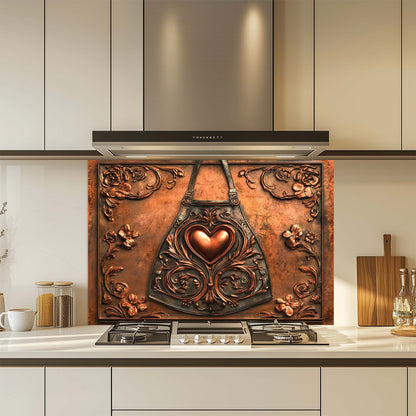 Decorative copper look glass backsplash with heart design in a kitchen setting