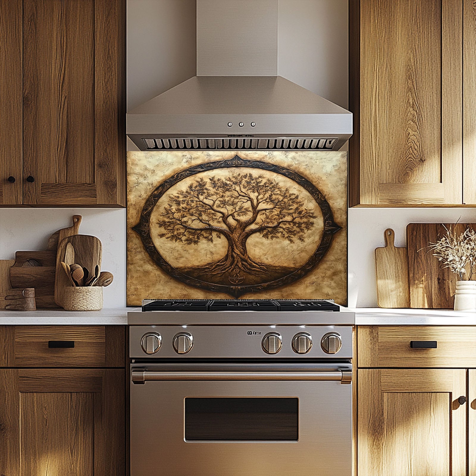 Stainless steel oven with decorative tree glass backsplash in a kitchen setting
